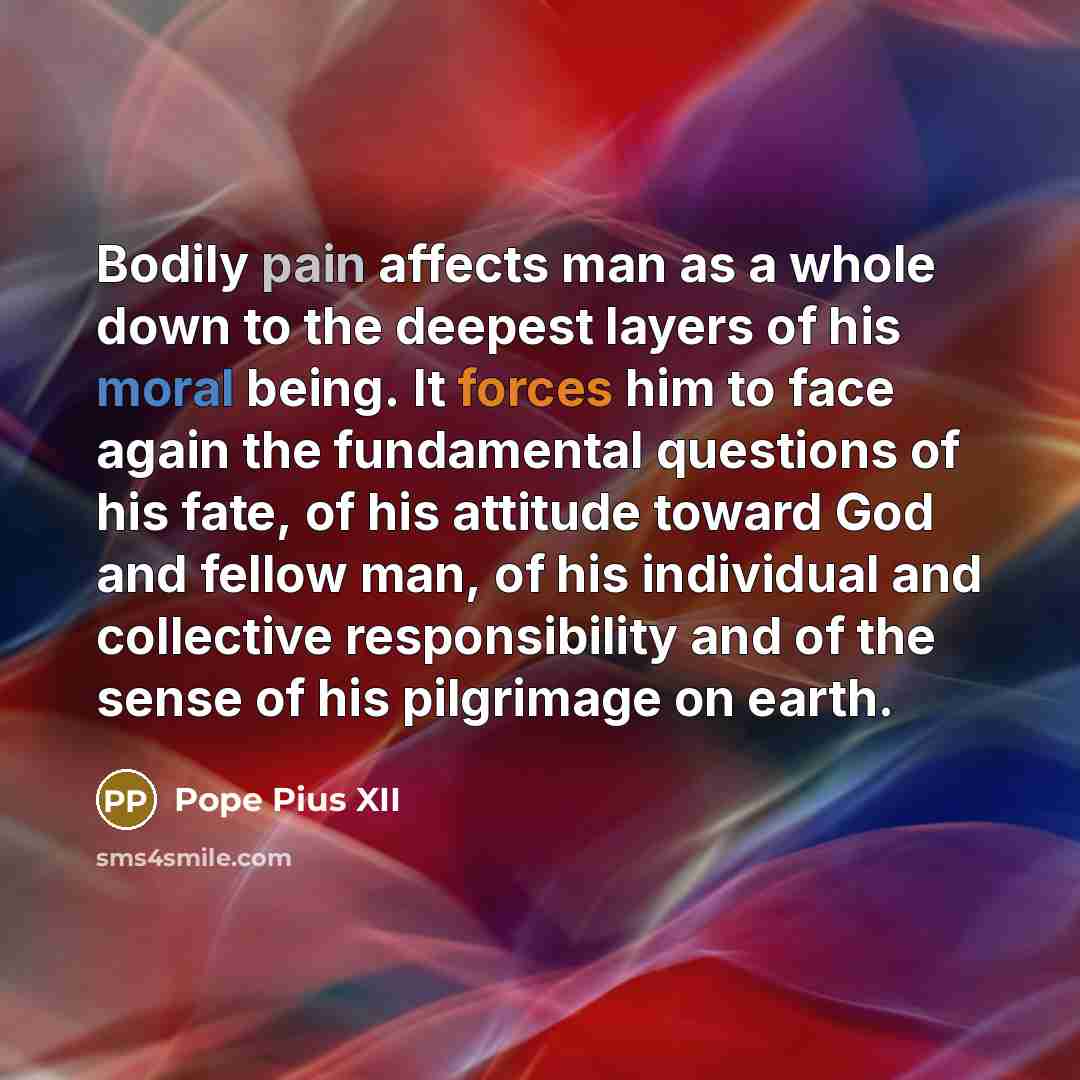 “Bodily pain affects man as a whole down to the deepest layers of his moral being. It forces him to face again the fundamental questions of his fate, of his attitude toward God and fellow man, of his individual and collective responsibility and of the sense of his pilgrimage on earth.” quote by Pope Pius XII
