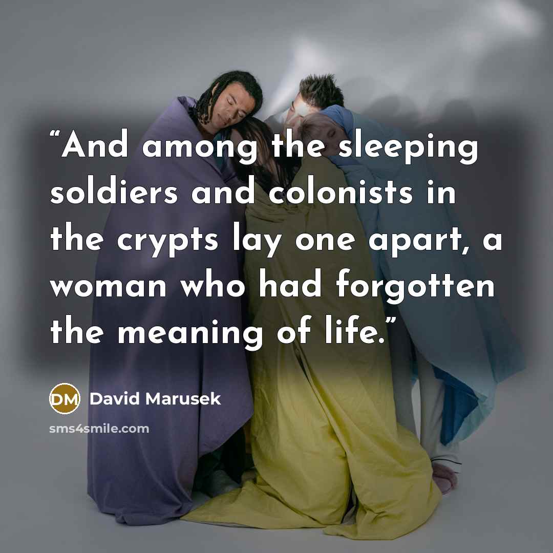 “And among the sleeping soldiers and colonists in the crypts lay one apart, a woman who had forgotten the meaning of life.” quote by David Marusek