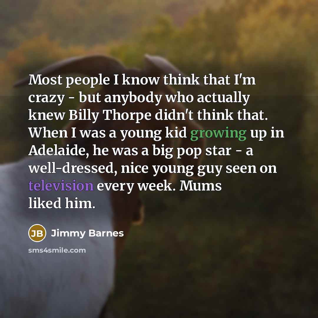 “Most people I know think that I'm crazy - but anybody who actually knew Billy Thorpe didn't think that. When I was a young kid growing up in Adelaide, he was a big pop star - a well-dressed, nice young guy seen on television every week. Mums liked him.” quote by Jimmy Barnes
