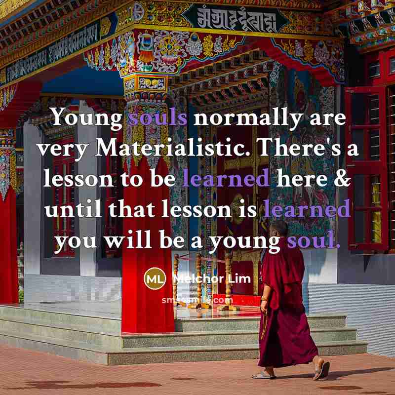 “Young souls normally are very Materialistic. There's a lesson to be learned here & until that lesson is learned you will be a young soul.” quote by Melchor Lim