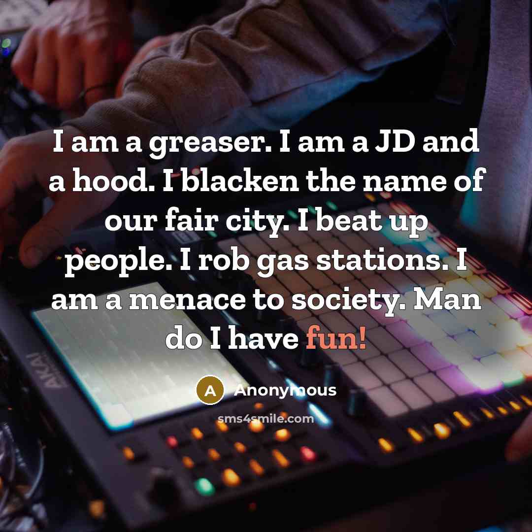 “I am a greaser. I am a JD and a hood. I blacken the name of our fair city. I beat up people. I rob gas stations. I am a menace to society. Man do I have fun!” quote by Anonymous