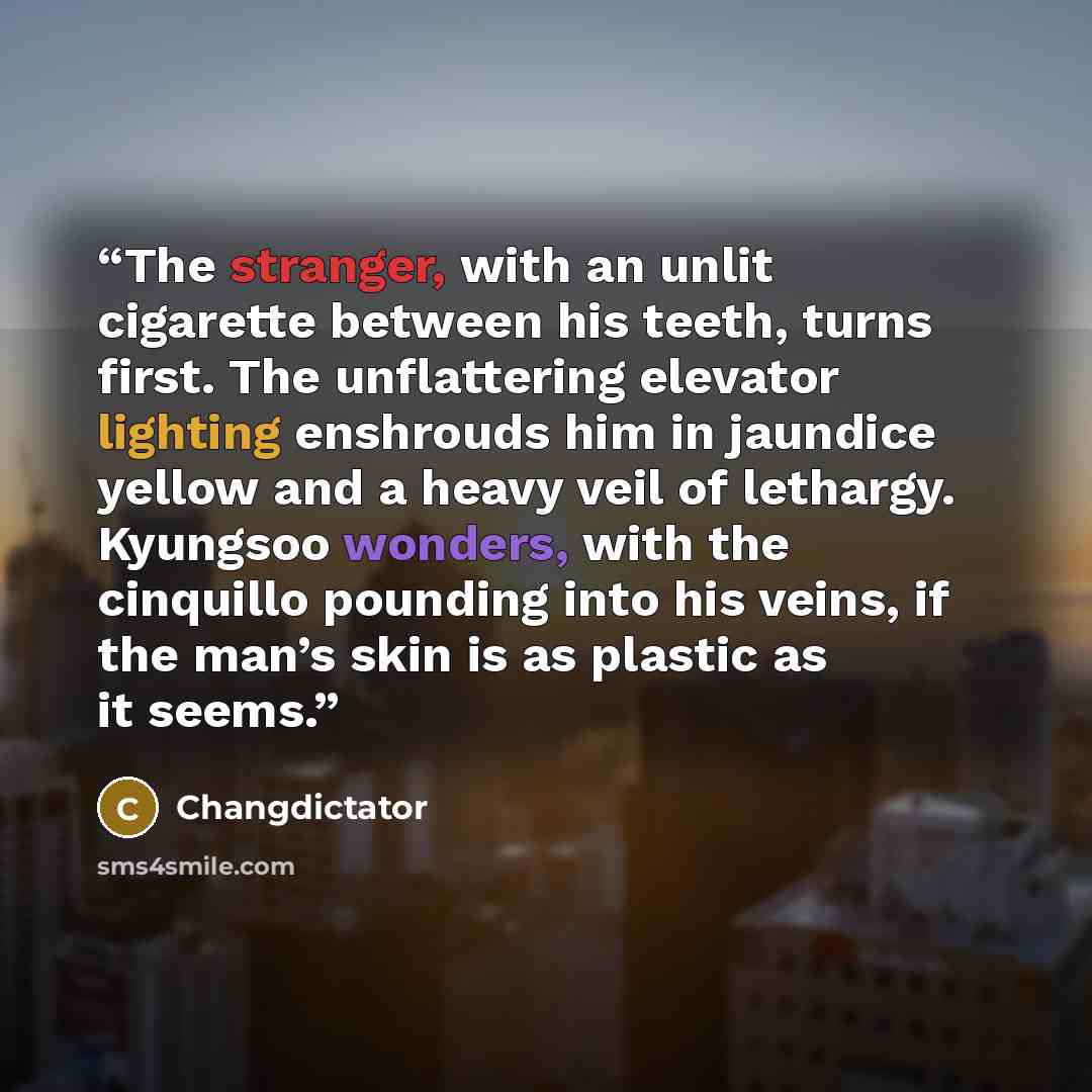 “The stranger, with an unlit cigarette between his teeth, turns first. The unflattering elevator lighting enshrouds him in jaundice yellow and a heavy veil of lethargy. Kyungsoo wonders, with the cinquillo pounding into his veins, if the man’s skin is as plastic as it seems.” quote by Changdictator