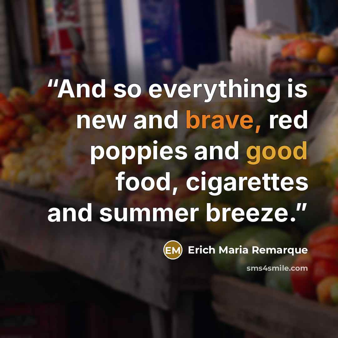 “And so everything is new and brave, red poppies and good food, cigarettes and summer breeze.” quote by Erich Maria Remarque