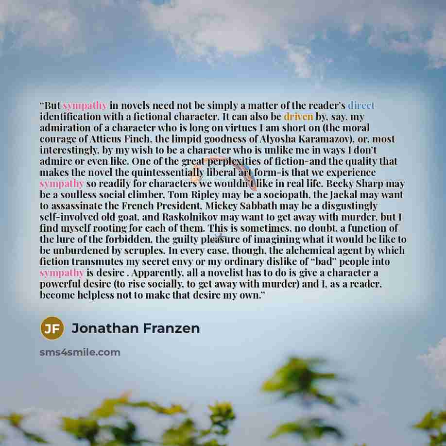 “But sympathy in novels need not be simply a matter of the reader’s direct identification with a fictional character. It can also be driven by, say, my admiration of a character who is long on virtues I am short on (the moral courage of Atticus Finch, the limpid goodness of Alyosha Karamazov), or…” quote by Jonathan Franzen