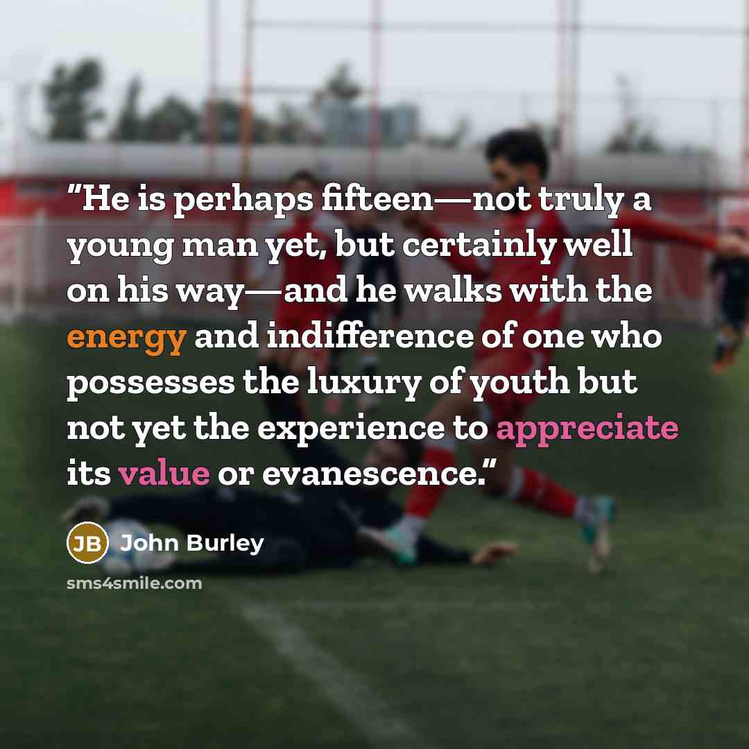 “He is perhaps fifteen—not truly a young man yet, but certainly well on his way—and he walks with the energy and indifference of one who possesses the luxury of youth but not yet the experience to appreciate its value or evanescence.” quote by John Burley