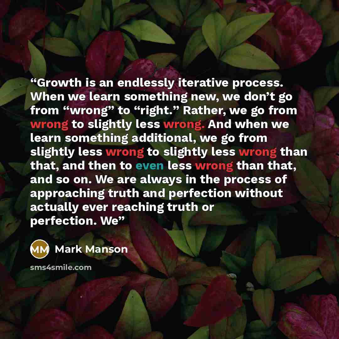 “Growth is an endlessly iterative process. When we learn something new, we don’t go from “wrong” to “right.” Rather, we go from wrong to slightly less wrong. And when we learn something additional, we go from slightly less wrong to slightly less wrong than that, and then to even less wrong than…” quote by Mark Manson