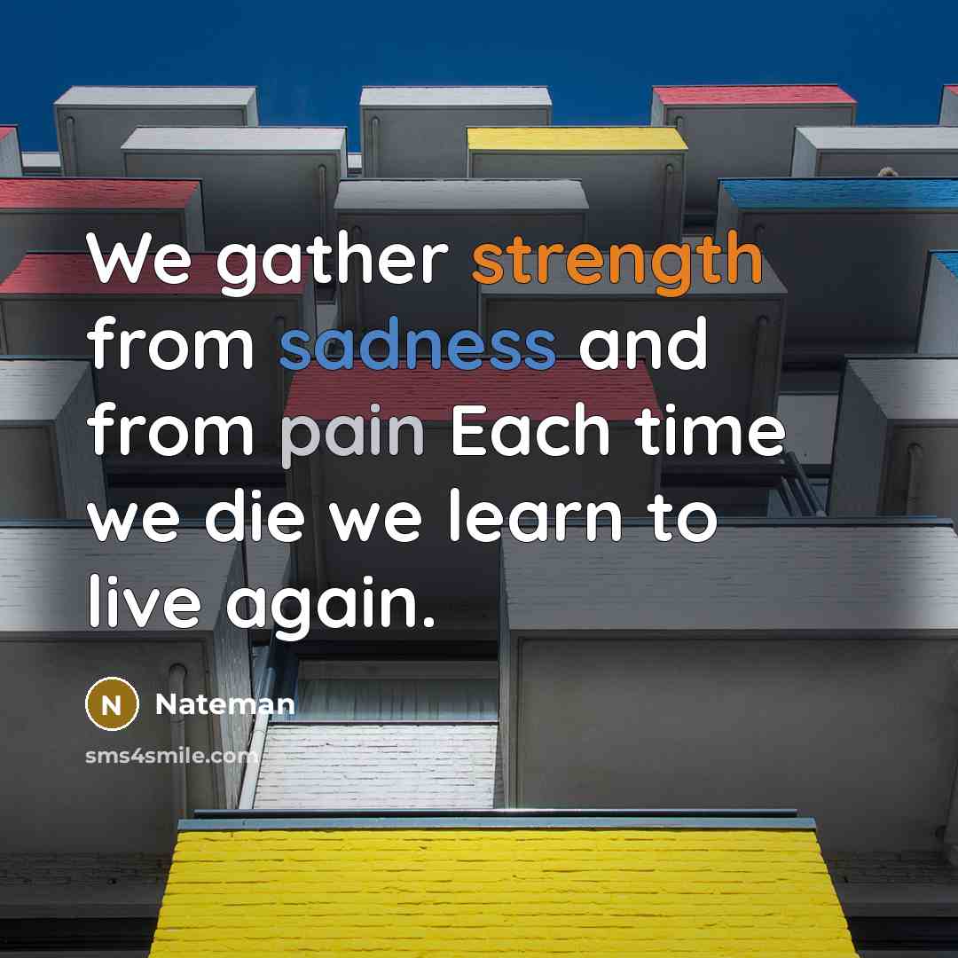 “We gather strength from sadness and from pain Each time we die we learn to live again.” quote by Nateman
