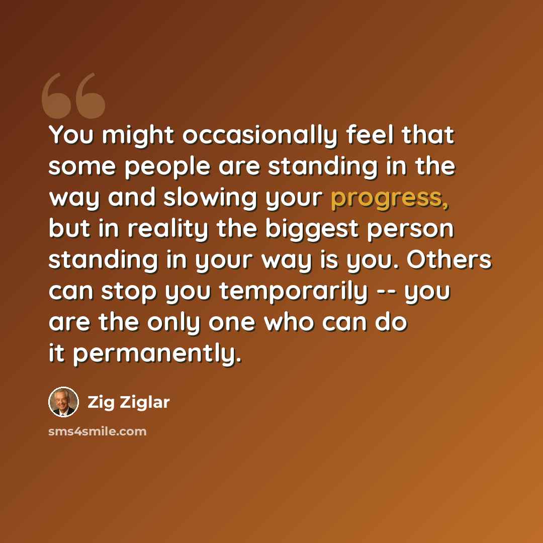 “You might occasionally feel that some people are standing in the way and slowing your progress, but in reality the biggest person standing in your way is you. Others can stop you temporarily -- you are the only one who can do it permanently.” quote by Zig Ziglar