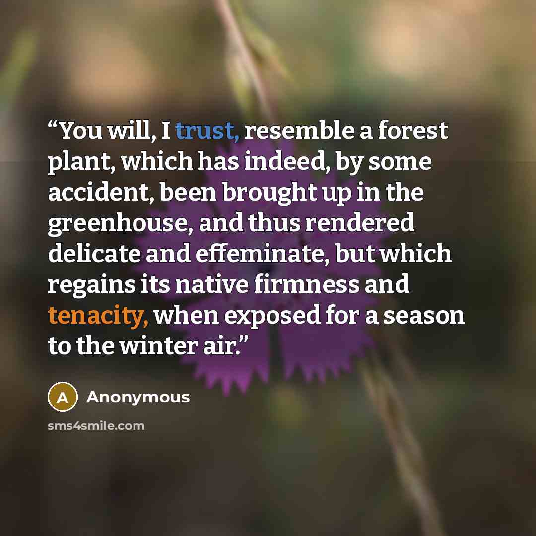“You will, I trust, resemble a forest plant, which has indeed, by some accident, been brought up in the greenhouse, and thus rendered delicate and effeminate, but which regains its native firmness and tenacity, when exposed for a season to the winter air.” quote by Anonymous