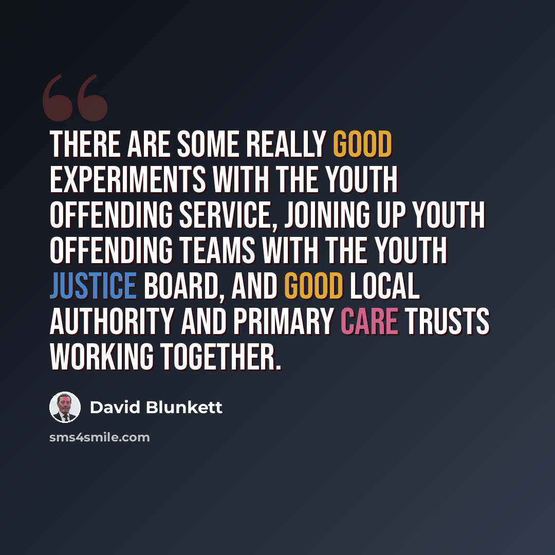 “There are some really good experiments with the youth offending service, joining up youth offending teams with the youth justice board, and good local authority and primary care trusts working together.” quote by David Blunkett