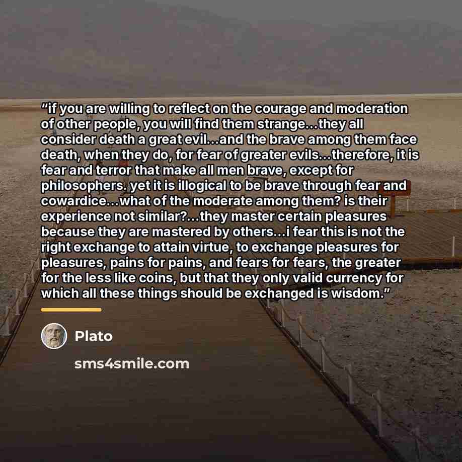 “if you are willing to reflect on the courage and moderation of other people, you will find them strange...they all consider death a great evil...and the brave among them face death, when they do, for fear of greater evils...therefore, it is fear and terror that make all men brave, except for…” quote by Plato