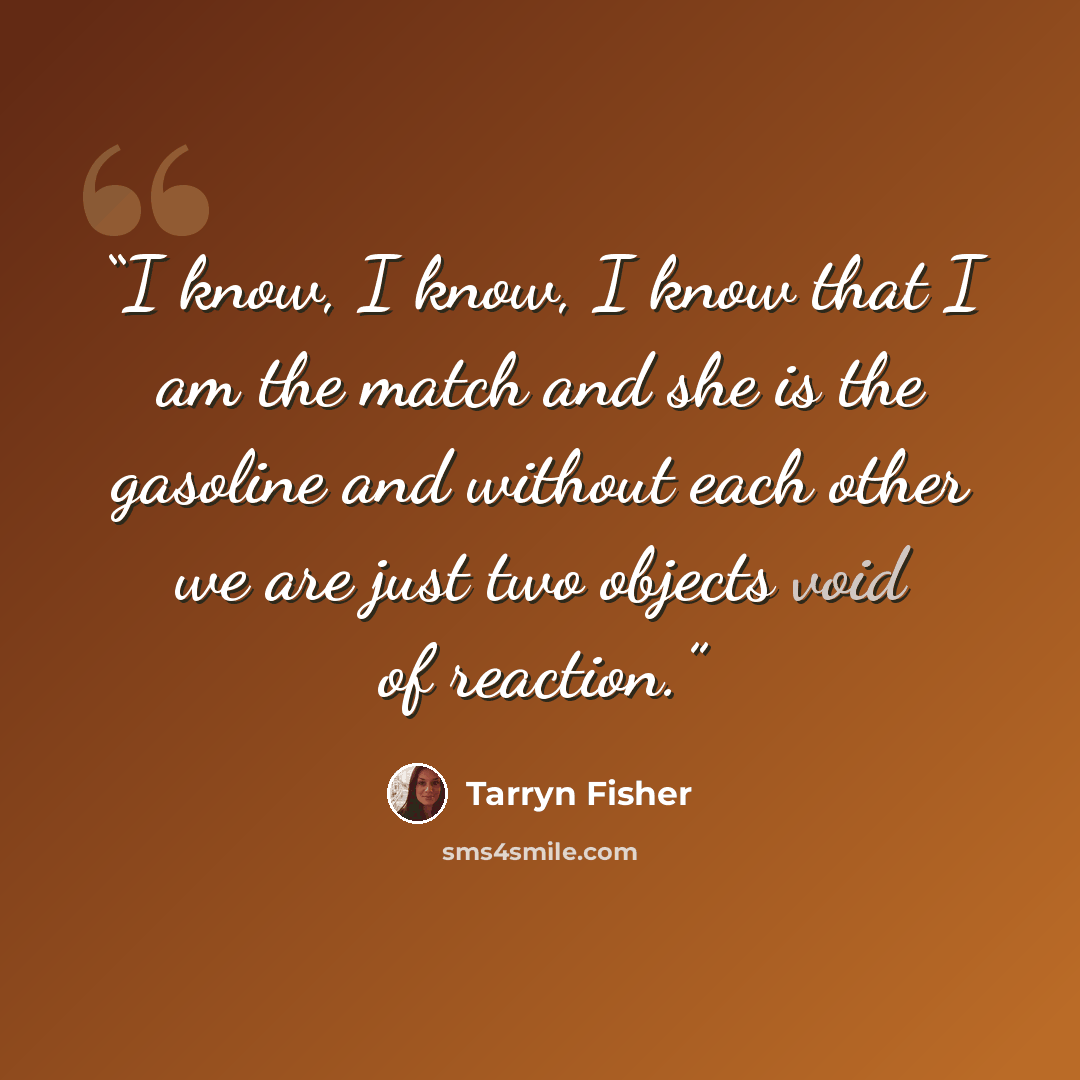 “I know, I know, I know that I am the match and she is the gasoline and without each other we are just two objects void of reaction.” quote by Tarryn Fisher