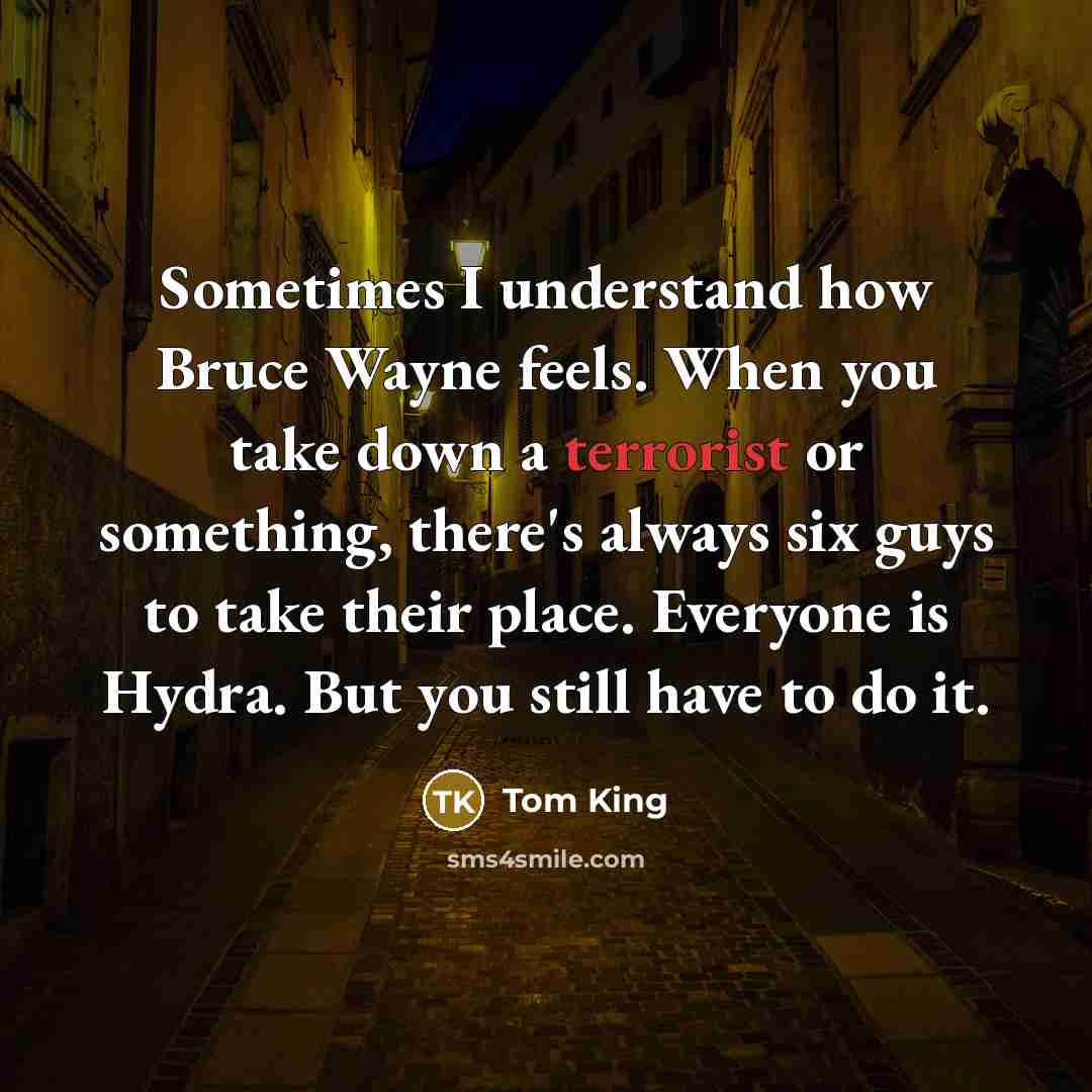 “Sometimes I understand how Bruce Wayne feels. When you take down a terrorist or something, there's always six guys to take their place. Everyone is Hydra. But you still have to do it.” quote by Tom King