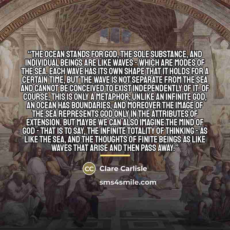 “The ocean stands for God, the sole substance, and individual beings are like waves - which are modes of the sea. Each wave has its own shape that it holds for a certain time, but the wave is not separate from the sea and cannot be conceived to exist independently of it. Of course, this is only a…” quote by Clare Carlisle