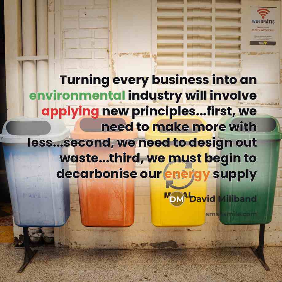 “Turning every business into an environmental industry will involve applying new principles...first, we need to make more with less...second, we need to design out waste...third, we must begin to decarbonise our energy supply” quote by David Miliband