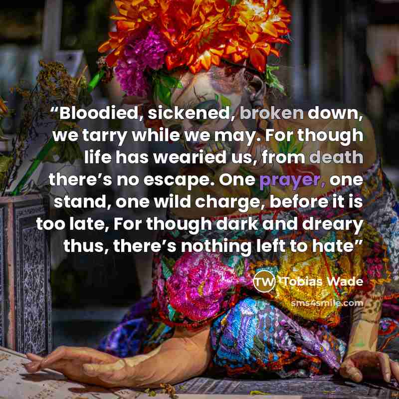 “Bloodied, sickened, broken down, we tarry while we may. For though life has wearied us, from death there’s no escape. One prayer, one stand, one wild charge, before it is too late, For though dark and dreary thus, there’s nothing left to hate” quote by Tobias Wade