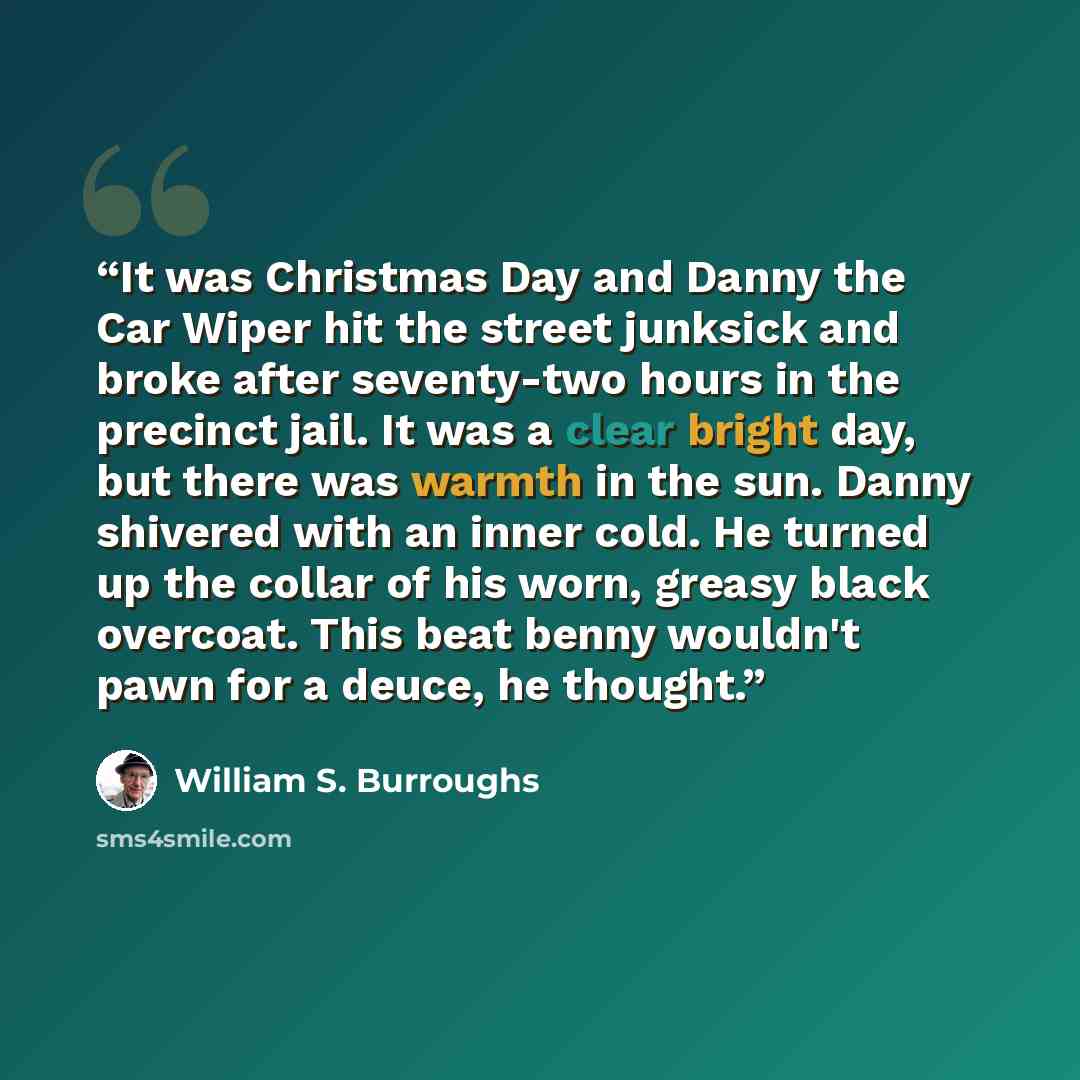 “It was Christmas Day and Danny the Car Wiper hit the street junksick and broke after seventy-two hours in the precinct jail. It was a clear bright day, but there was warmth in the sun. Danny shivered with an inner cold. He turned up the collar of his worn, greasy black overcoat. This beat benny…” quote by William S. Burroughs