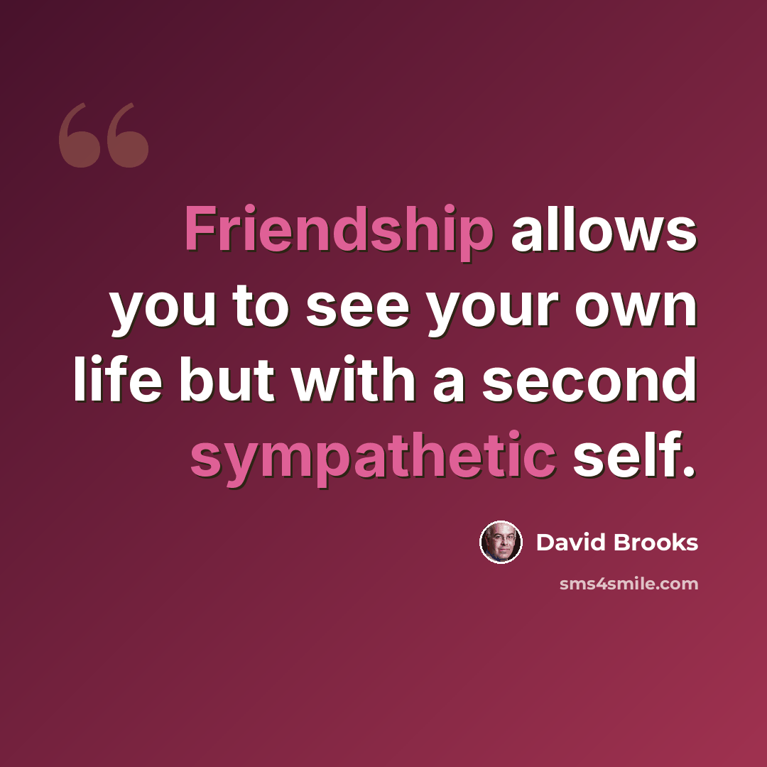 “Friendship allows you to see your own life but with a second sympathetic self.” quote by David Brooks