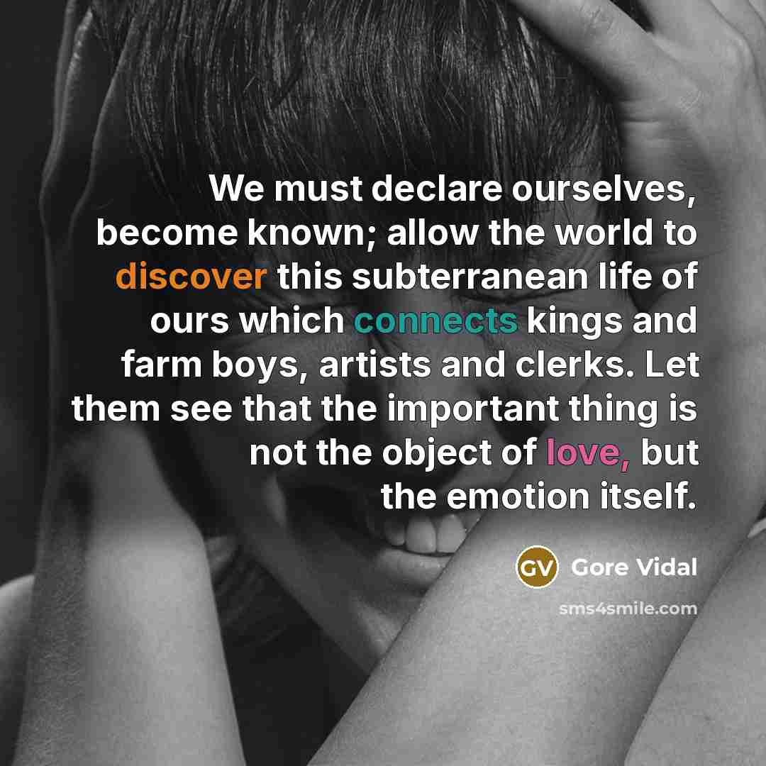 “We must declare ourselves, become known; allow the world to discover this subterranean life of ours which connects kings and farm boys, artists and clerks. Let them see that the important thing is not the object of love, but the emotion itself.” quote by Gore Vidal
