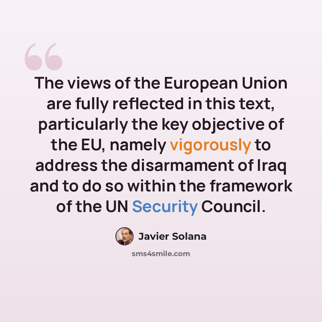 “The views of the European Union are fully reflected in this text, particularly the key objective of the EU, namely vigorously to address the disarmament of Iraq and to do so within the framework of the UN Security Council.” quote by Javier Solana