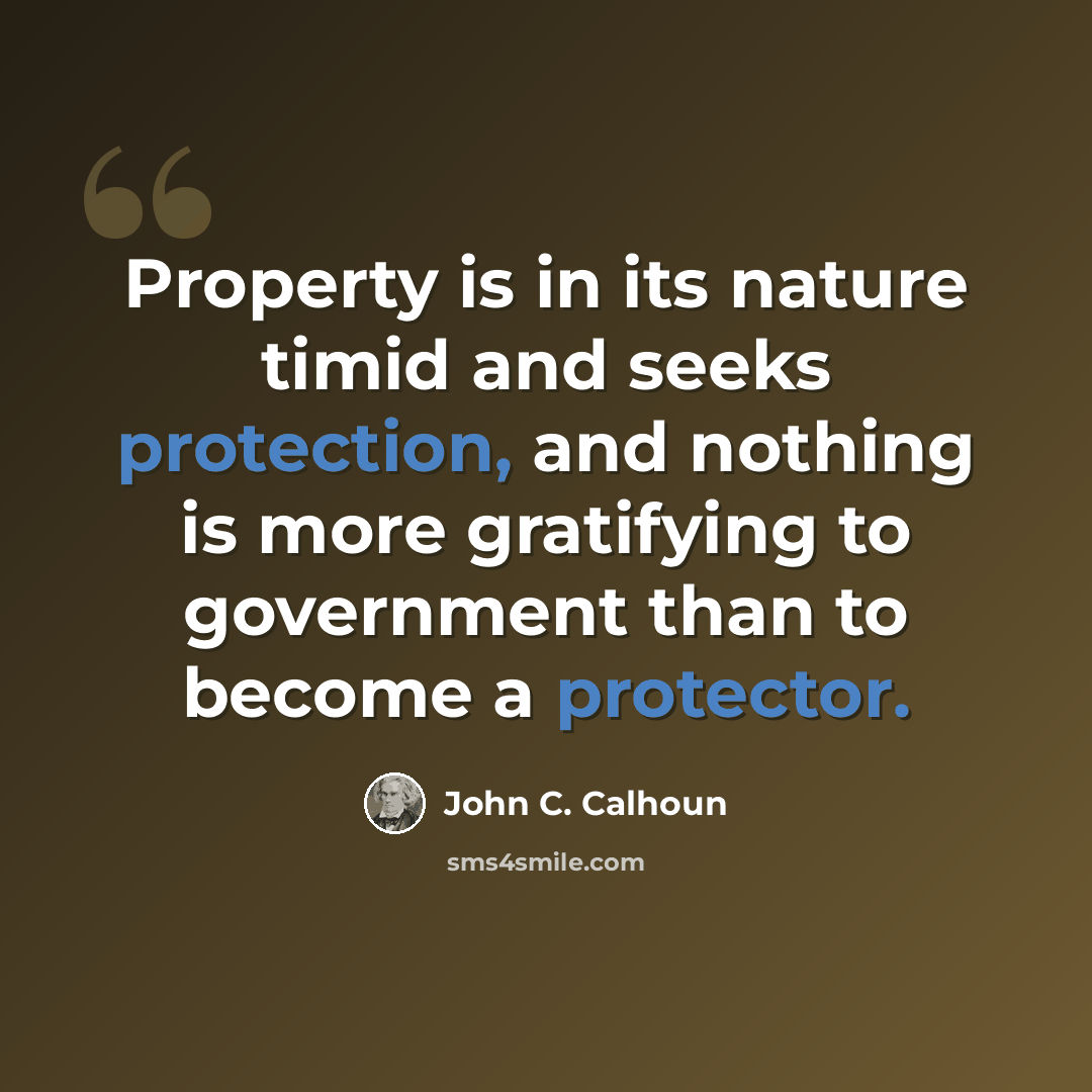 “Property is in its nature timid and seeks protection, and nothing is more gratifying to government than to become a protector.” quote by John C. Calhoun