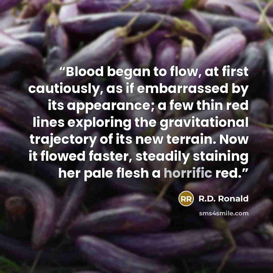 “Blood began to flow, at first cautiously, as if embarrassed by its appearance; a few thin red lines exploring the gravitational trajectory of its new terrain. Now it flowed faster, steadily staining her pale flesh a horrific red.” quote by R.D. Ronald