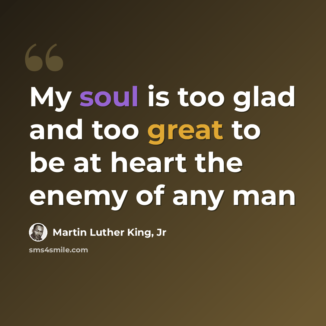 “My soul is too glad and too great to be at heart the enemy of any man” quote by Martin Luther King, Jr