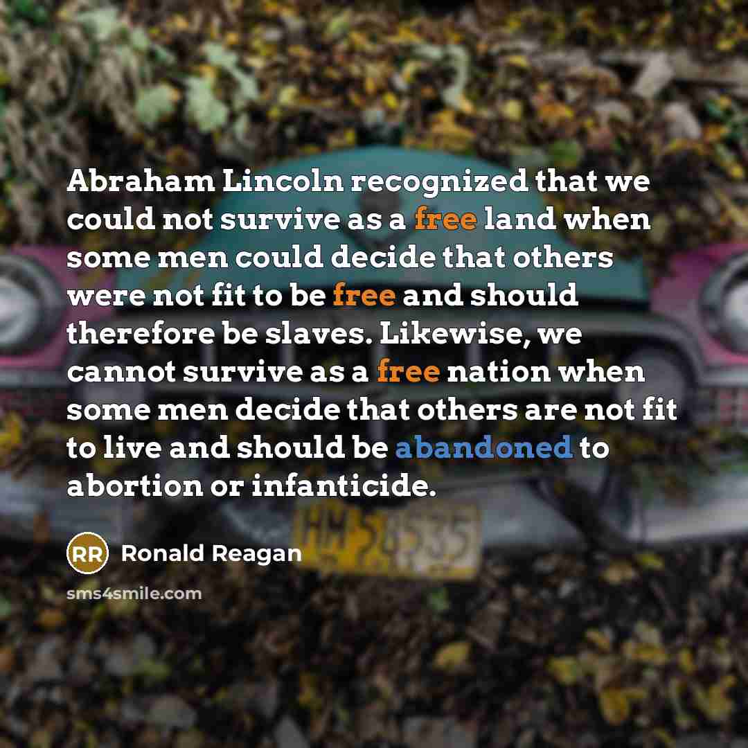 “Abraham Lincoln recognized that we could not survive as a free land when some men could decide that others were not fit to be free and should therefore be slaves. Likewise, we cannot survive as a free nation when some men decide that others are not fit to live and should be abandoned to abortion…” quote by Ronald Reagan