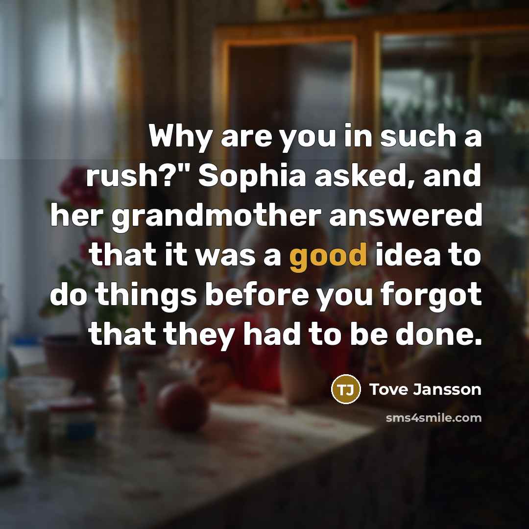 “Why are you in such a rush?" Sophia asked, and her grandmother answered that it was a good idea to do things before you forgot that they had to be done.” quote by Tove Jansson