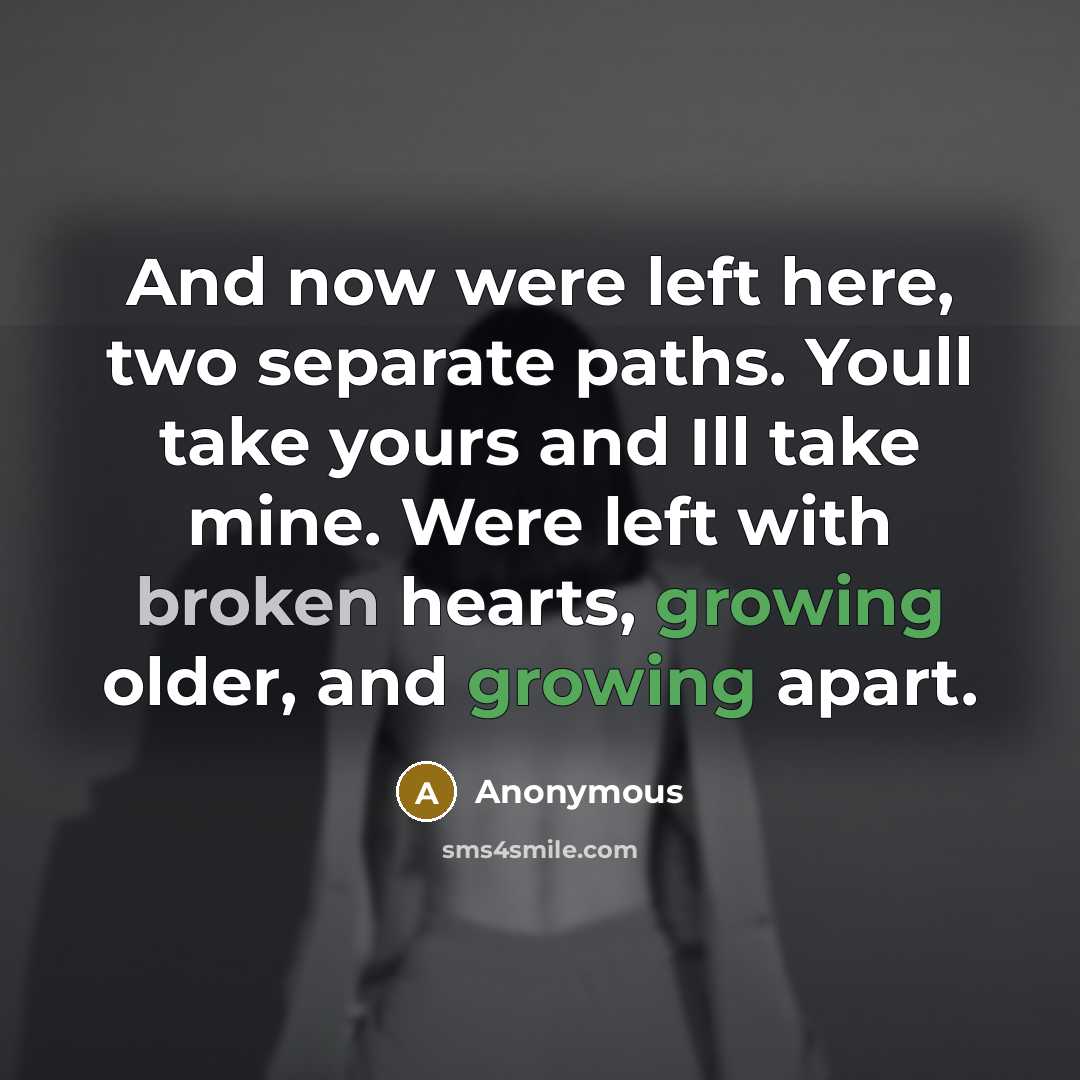 “And now were left here, two separate paths. Youll take yours and Ill take mine. Were left with broken hearts, growing older, and growing apart.” quote by Anonymous