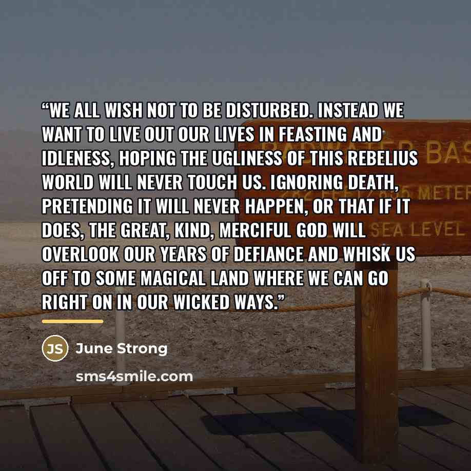 “We all wish not to be disturbed. Instead we want to live out our lives in feasting and idleness, hoping the ugliness of this rebelius world will never touch us. Ignoring death, pretending it will never happen, or that if it does, the great, kind, merciful God will overlook our years of defiance…” quote by June Strong
