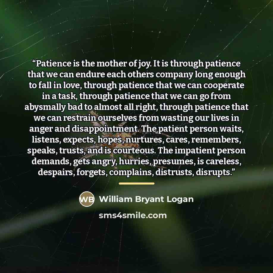 “Patience is the mother of joy. It is through patience that we can endure each others company long enough to fall in love, through patience that we can cooperate in a task, through patience that we can go from abysmally bad to almost all right, through patience that we can restrain ourselves from…” quote by William Bryant Logan