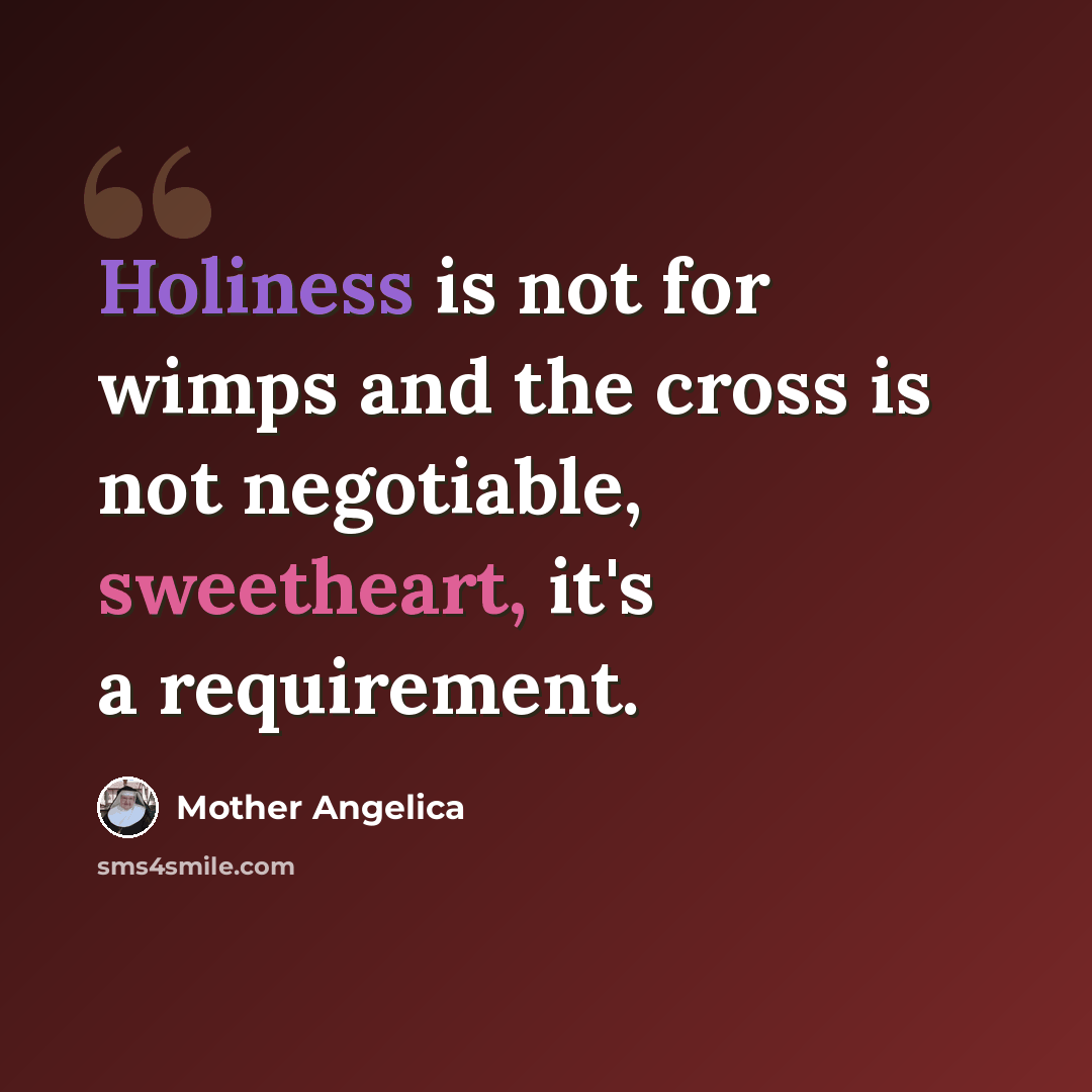 “Holiness is not for wimps and the cross is not negotiable, sweetheart, it's a requirement.” quote by Mother Angelica