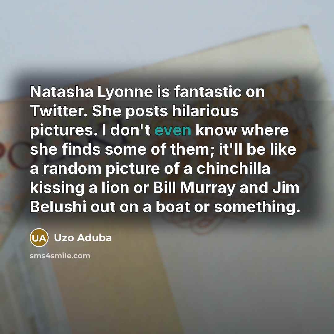 “Natasha Lyonne is fantastic on Twitter. She posts hilarious pictures. I don't even know where she finds some of them; it'll be like a random picture of a chinchilla kissing a lion or Bill Murray and Jim Belushi out on a boat or something.” quote by Uzo Aduba