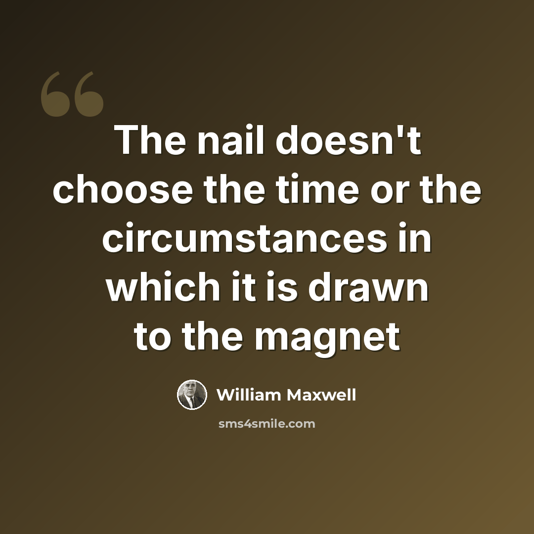 “The nail doesn't choose the time or the circumstances in which it is drawn to the magnet” quote by William Maxwell