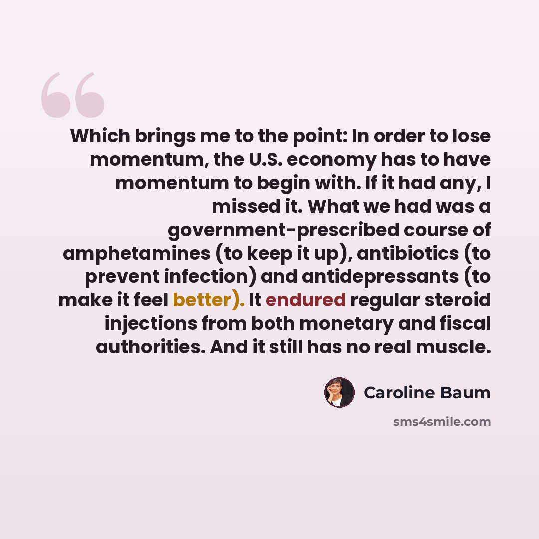 “Which brings me to the point: In order to lose momentum, the U.S. economy has to have momentum to begin with. If it had any, I missed it. What we had was a government-prescribed course of amphetamines (to keep it up), antibiotics (to prevent infection) and antidepressants (to make it feel better)…” quote by Caroline Baum