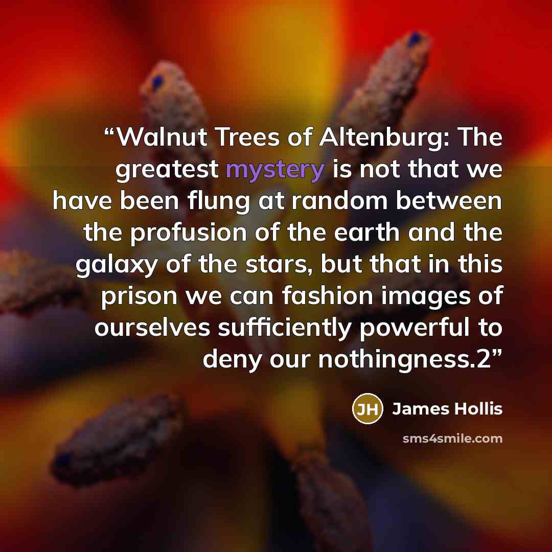 “Walnut Trees of Altenburg: The greatest mystery is not that we have been flung at random between the profusion of the earth and the galaxy of the stars, but that in this prison we can fashion images of ourselves sufficiently powerful to deny our nothingness.2” quote by James Hollis
