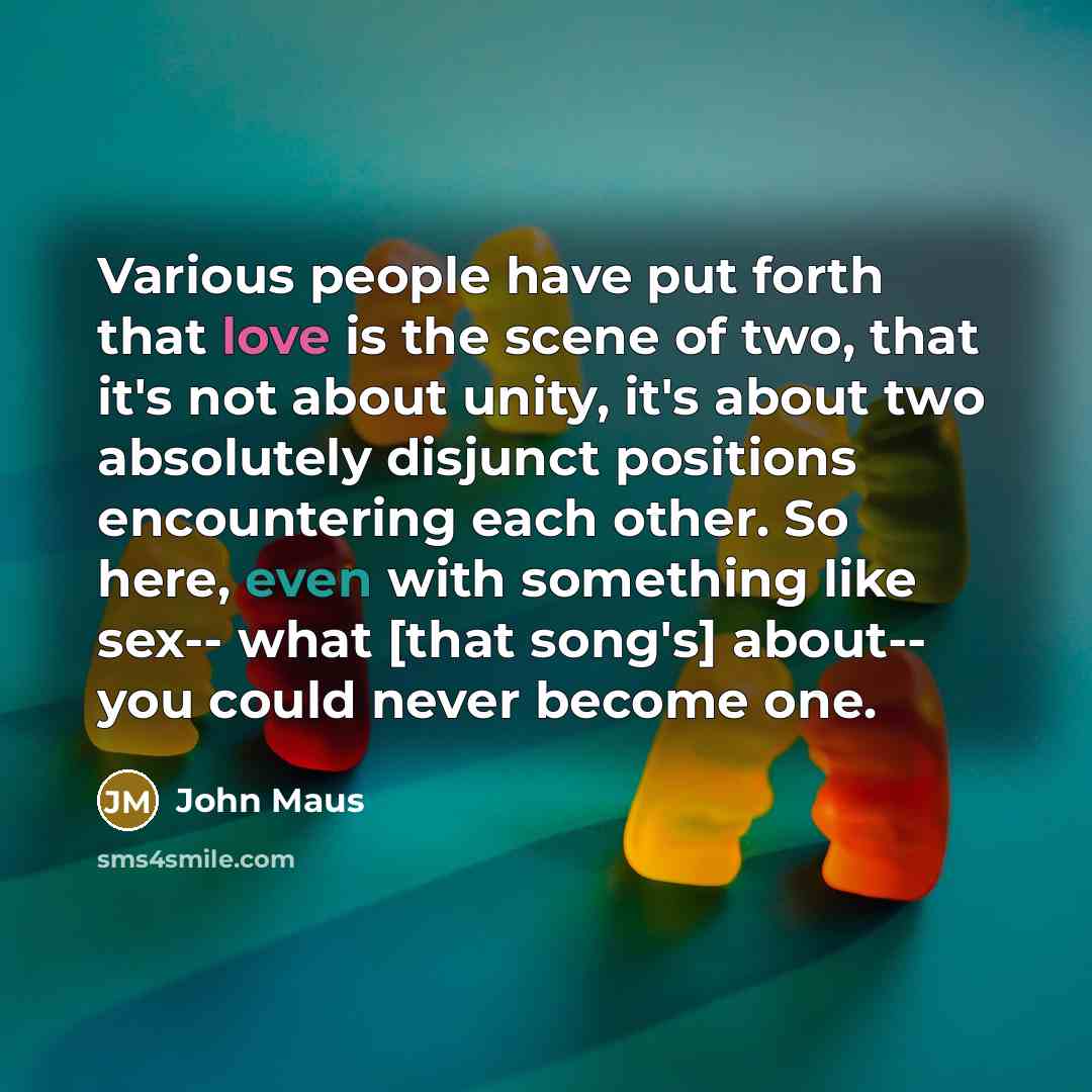 “Various people have put forth that love is the scene of two, that it's not about unity, it's about two absolutely disjunct positions encountering each other. So here, even with something like sex-- what [that song's] about-- you could never become one.” quote by John Maus