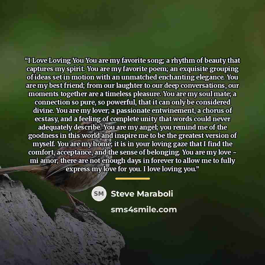 “I Love Loving You You are my favorite song; a rhythm of beauty that captures my spirit. You are my favorite poem; an exquisite grouping of ideas set in motion with an unmatched enchanting elegance. You are my best friend; from our laughter to our deep conversations, our moments together are a…” quote by Steve Maraboli