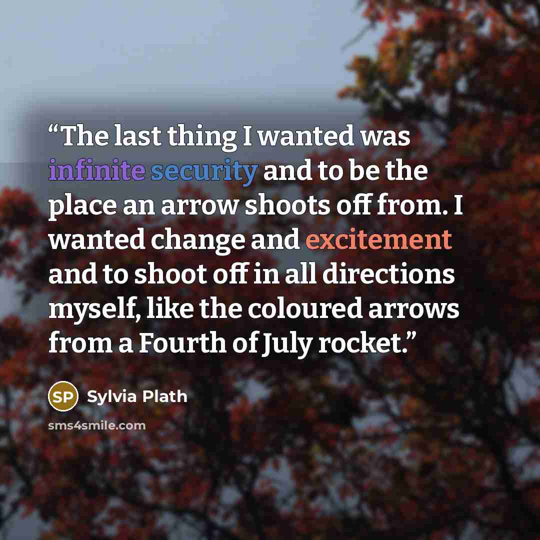 “The last thing I wanted was infinite security and to be the place an arrow shoots off from. I wanted change and excitement and to shoot off in all directions myself, like the coloured arrows from a Fourth of July rocket.” quote by Sylvia Plath