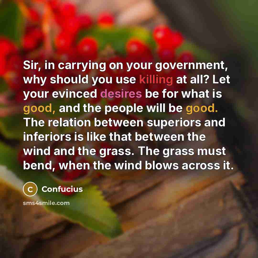 “Sir, in carrying on your government, why should you use killing at all? Let your evinced desires be for what is good, and the people will be good. The relation between superiors and inferiors is like that between the wind and the grass. The grass must bend, when the wind blows across it.” quote by Confucius