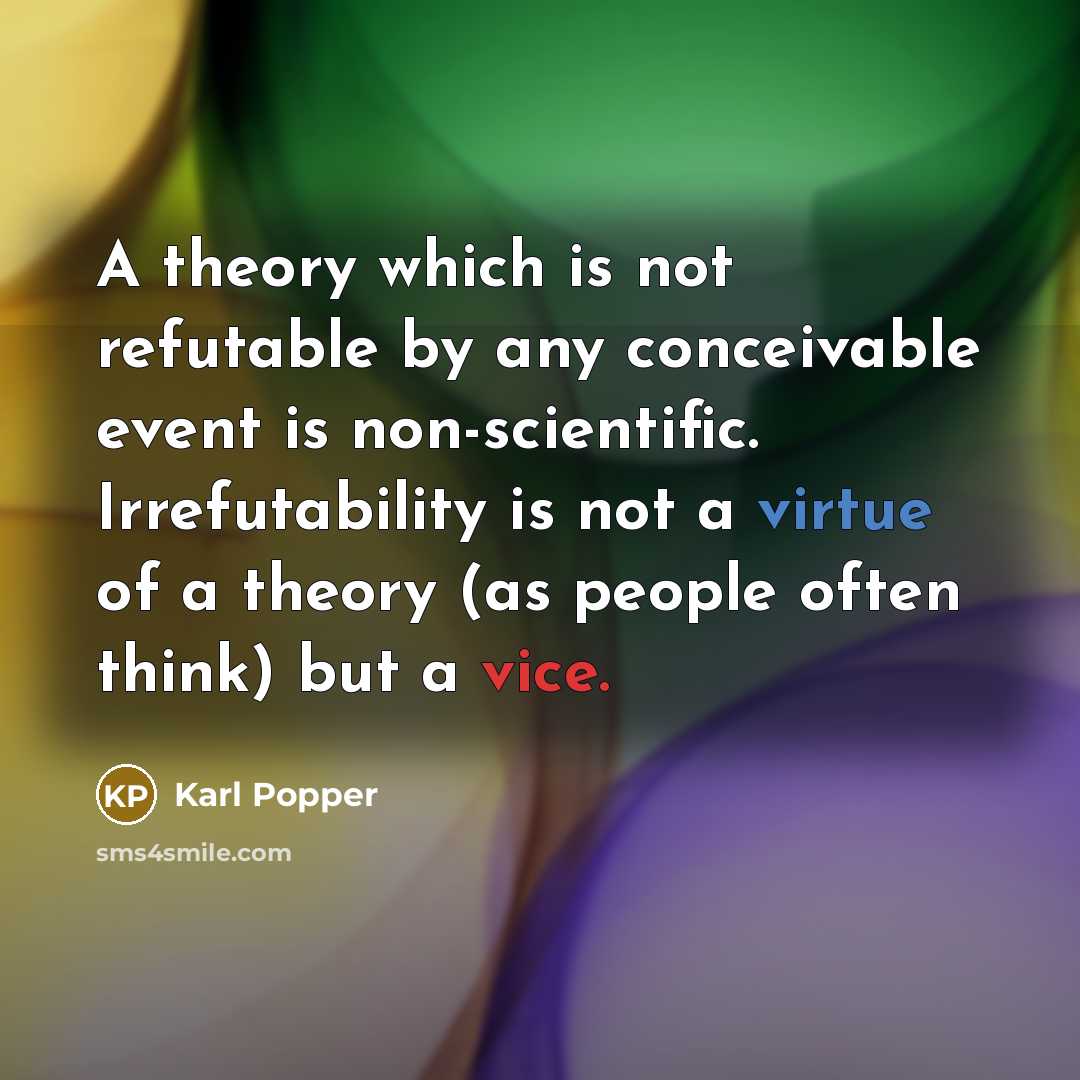 “A theory which is not refutable by any conceivable event is non-scientific. Irrefutability is not a virtue of a theory (as people often think) but a vice.” quote by Karl Popper