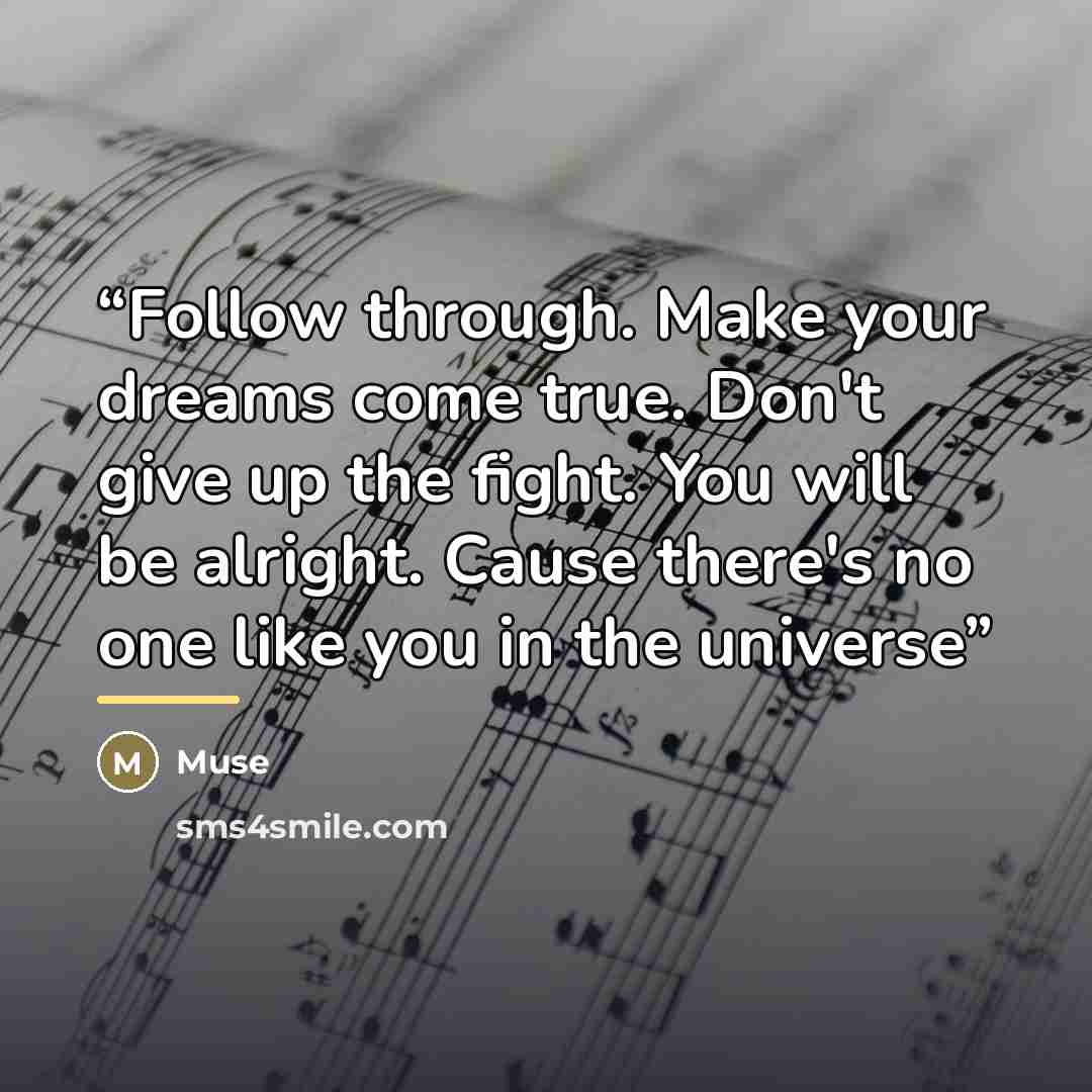 “Follow through. Make your dreams come true. Don't give up the fight. You will be alright. Cause there's no one like you in the universe” quote by Muse