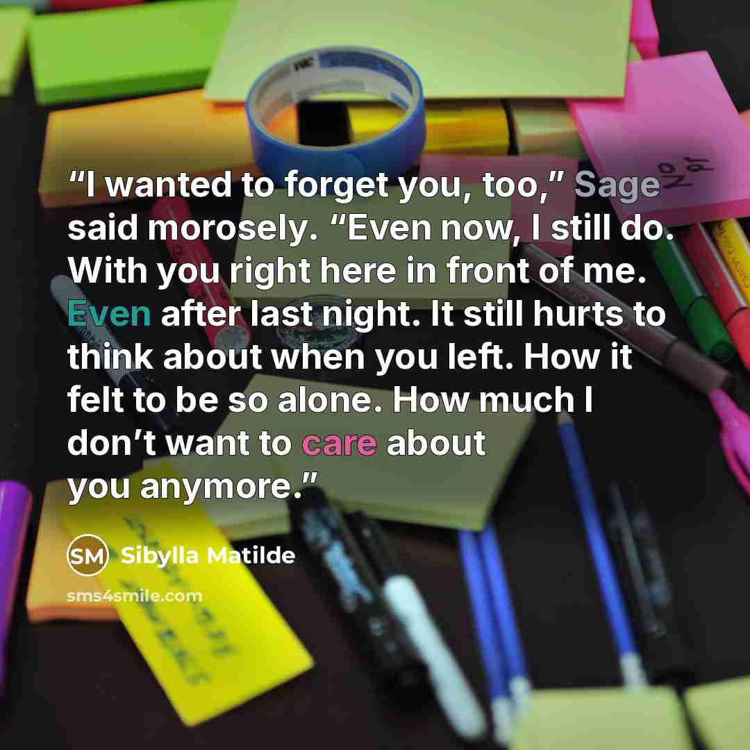 “I wanted to forget you, too,” Sage said morosely. “Even now, I still do. With you right here in front of me. Even after last night. It still hurts to think about when you left. How it felt to be so alone. How much I don’t want to care about you anymore.” quote by Sibylla Matilde