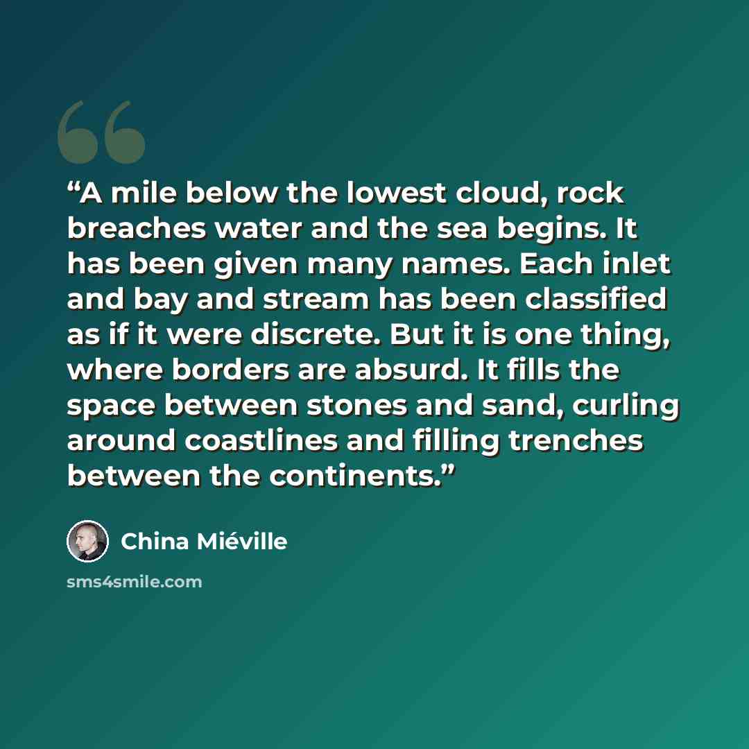 “A mile below the lowest cloud, rock breaches water and the sea begins. It has been given many names. Each inlet and bay and stream has been classified as if it were discrete. But it is one thing, where borders are absurd. It fills the space between stones and sand, curling around coastlines and…” quote by China Miéville