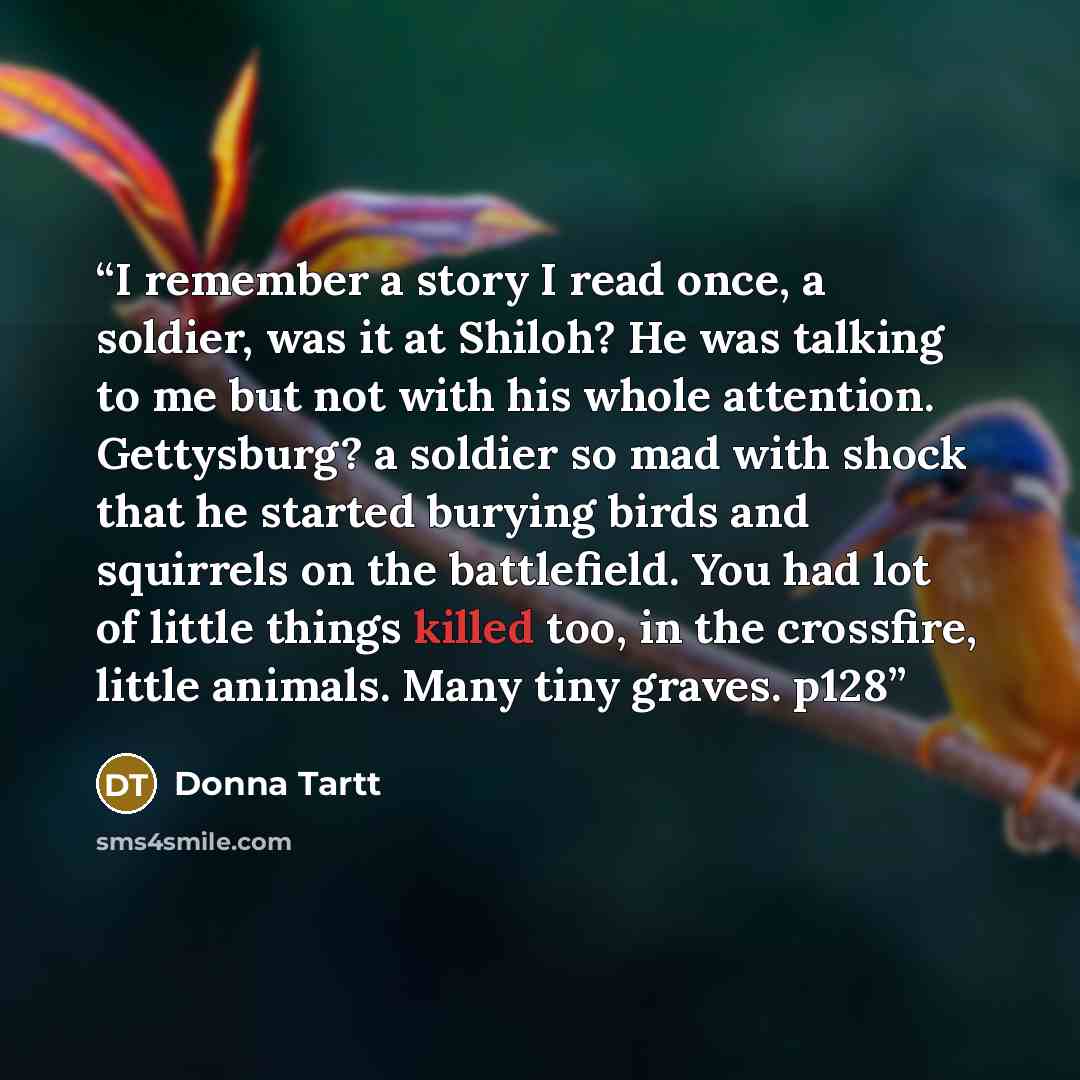 “I remember a story I read once, a soldier, was it at Shiloh? He was talking to me but not with his whole attention. Gettysburg? a soldier so mad with shock that he started burying birds and squirrels on the battlefield. You had lot of little things killed too, in the crossfire, little animals…” quote by Donna Tartt