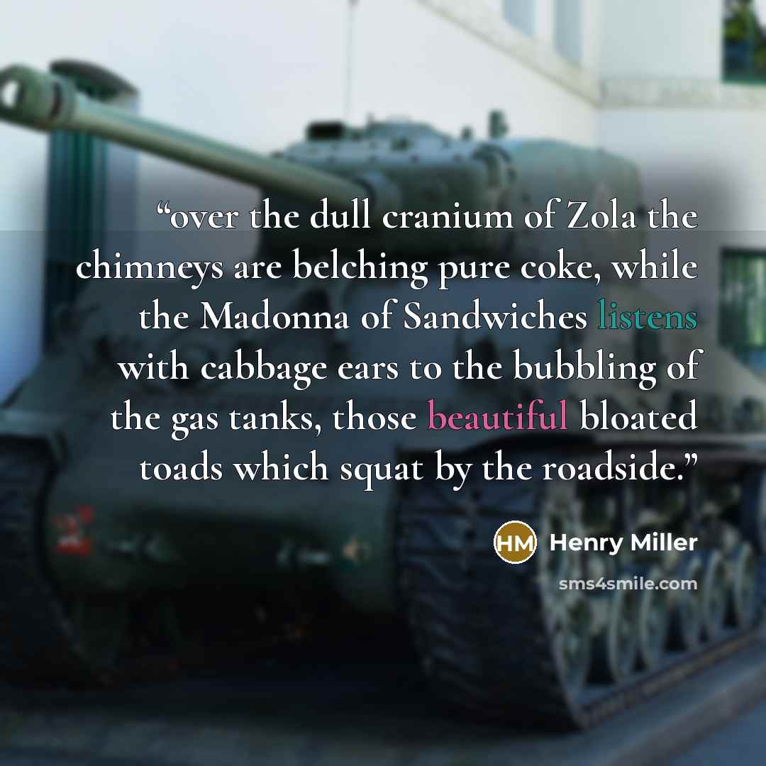 “over the dull cranium of Zola the chimneys are belching pure coke, while the Madonna of Sandwiches listens with cabbage ears to the bubbling of the gas tanks, those beautiful bloated toads which squat by the roadside.” quote by Henry Miller