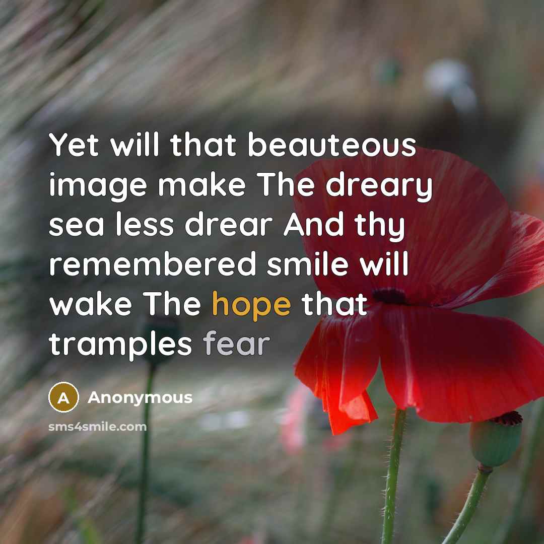 “Yet will that beauteous image make The dreary sea less drear And thy remembered smile will wake The hope that tramples fear” quote by Anonymous