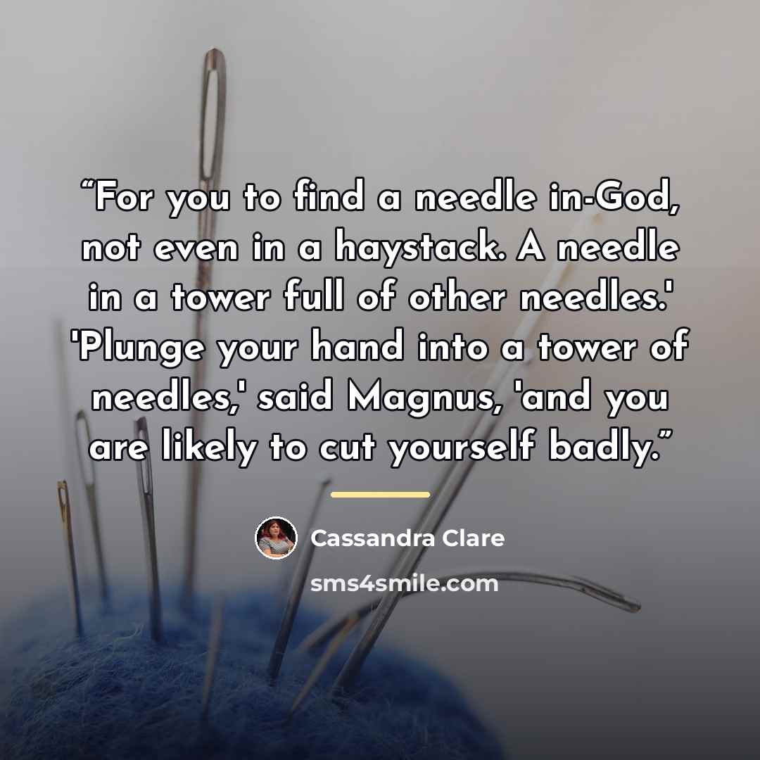 “For you to find a needle in-God, not even in a haystack. A needle in a tower full of other needles.' 'Plunge your hand into a tower of needles,' said Magnus, 'and you are likely to cut yourself badly.” quote by Cassandra Clare