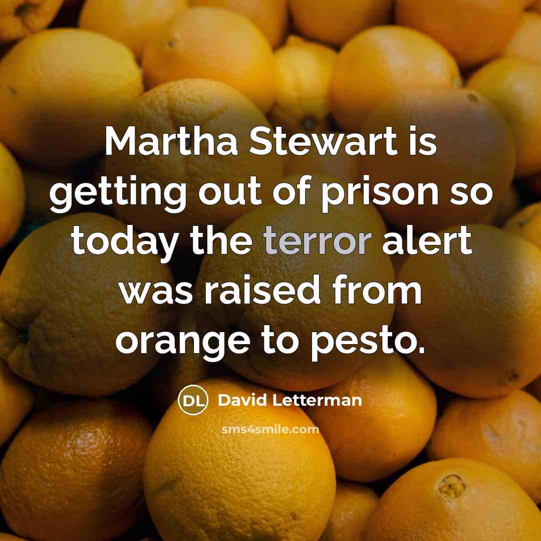“Martha Stewart is getting out of prison so today the terror alert was raised from orange to pesto.” quote by David Letterman